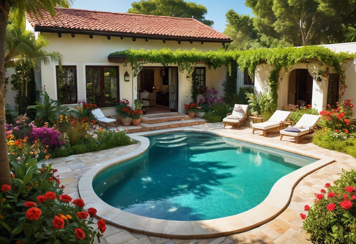 A picturesque family villa nestled in lush greenery, with children playing joyfully in the yard, vibrant flowers blooming around, and a sunlit terrace with a family gathered for a meal. Include elements like a sparkling pool and a cozy hammock, evoking a warm, welcoming atmosphere for family reunions. super-realistic. vibrant colors. dreamy background.