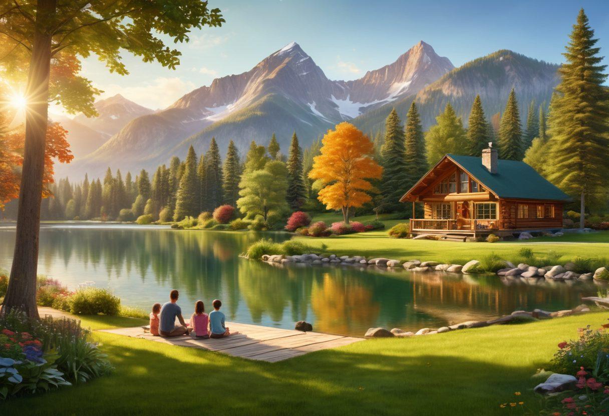 A serene landscape showcasing a cozy family cabin surrounded by lush trees and a tranquil lake. Children playing on the lawn while parents relax on a deck with a beautiful view of mountains in the background. Warm sunlight filtering through the trees, creating a joyful atmosphere. Elements of nature and leisure seamlessly blended together. vibrant colors. super-realistic.