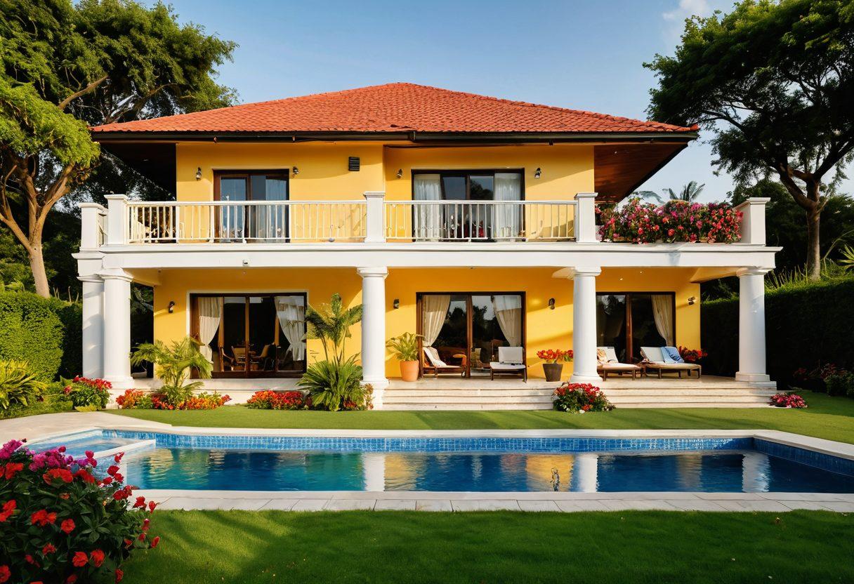 A picturesque family-friendly villa nestled in a lush green landscape, featuring a warm sun setting in the background. Show a family engaging in joyful activities like playing games or swimming in a private pool, surrounded by blooming flowers and colorful plants. Include playful elements like a hammock and beach balls to emphasize relaxation. The serene atmosphere should evoke a sense of happiness and togetherness. vibrant colors. super-realistic.